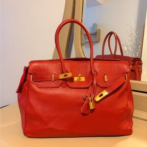 Elegant Red Leather Satchel bag Hermes’ look alike purse Tuscany leather Italian